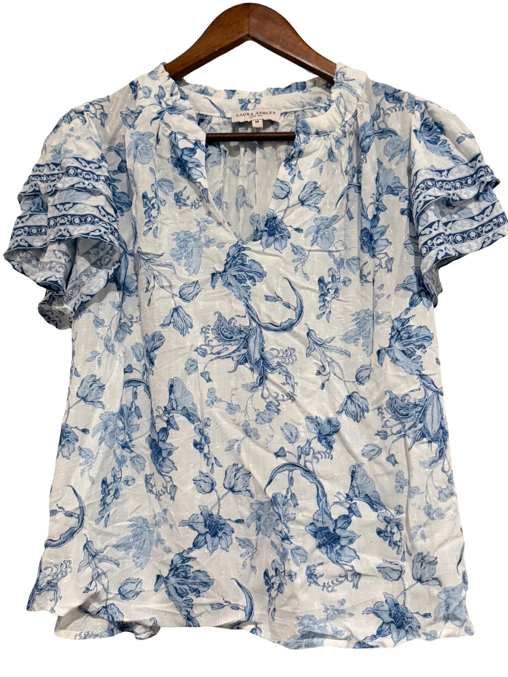 Laura Ashley White and Blue Floral Ruffled Sleeve Blouse